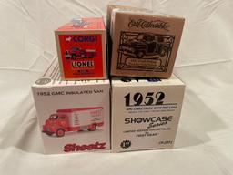 (4) Die cast pickup-fire truck-stake truck-van