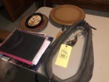 Horse Collar, plate, wood stand, books