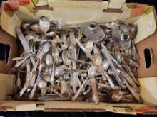 Massive Lot of Silverplate Flatware and Pewter Candleholder