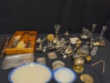Silver Plate Serving Spoons, Counter bell, lighter, candle holder lot