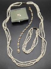 Rice pearls necklace, bracelet & blue stone bracelet