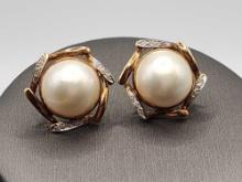 Large mabe pearl 14k gold & diamond earrings