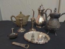 Silver plated and pewter lot coffee & teapot, trays, serving spoon