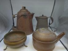 Copper and tin teapot kettle coffee pot bowl lot