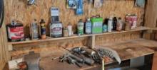 Contents of workbench, grease guns, fluids, tin snips