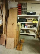 Large lot includes shelf, hardware, planes, scrap wood, hardware, and more