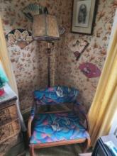 Vanity chair, mica shade floor lamp, fans