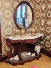 Antique Victorian marble top 1/4 round table, mirror & smalls