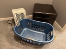 Faux Leather Ottoman, Space Heater, Laundry Basket