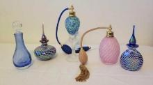 5 vintage perfume bottles, iridescent and art glass