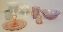 Higbee double handle spooner, pink depression glass, carnival honey, milk glass compotes