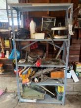 Hand Saws, funnels, clock, edger, Shelf contents, small vices. wall and contents
