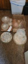 2 Boxes of assorted press glass serving platters, bowls, Anchor Hocking mixing bowl and dishes