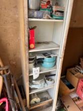 metal cabinet and contents, galvanized wash tub