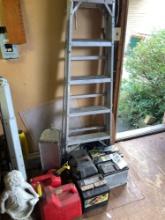 12 volt battery's, step ladder, mail box and fuel cans