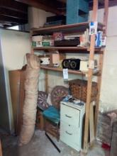 old radios, dart boards, file cabinet, turn table