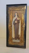 Early Saint Theresa framed plaster statue under glass