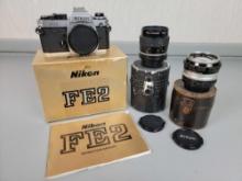 Nikon FE2 35mm Film Camera w/ Box, 55mm Nikkor-S 1.4 Lens and 55mm Micro Nikkor 2.8 Lens