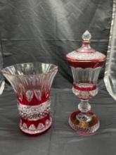 Imperial Ruby Cut Glass Vase Signed, Ruby Covered Compote