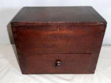 Antique dovetailed wooden box w/ lift top & drawer.