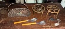 Brass Trivets, Serving tray, Serving fork and spoon , candle snuffer lot