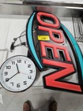 Lighted open sign and clock