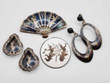 Vintage Siam sterling silver enamel pin & earrings