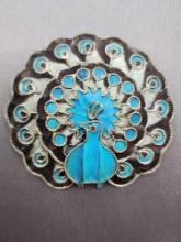Vintage Chinese blue feather & silver peacock pin