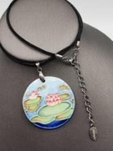 Signed porcelain pendant necklace, water lily on lake