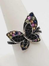 Sterling silver mixed gemstone black spinel sterling silver butterfly ring