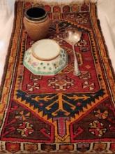 Antique rug, Chinese bowl, Doulton jar, silver plate ladle