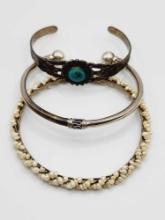 (3) sterling silver bracelets: pearl bangle, turquoise +