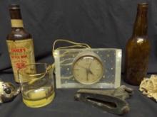 Seth Thomas Lucite Clock Goodyear cocktail glass & Antique cast clock base part