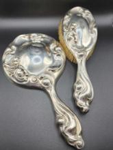 Antique Art Nouveau sterling silver mirror & brush