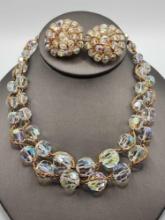 Vintage Bergere A/B crystal beaded necklace & clip earrings