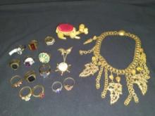 Costume Jewelry lot rings and (1) necklace