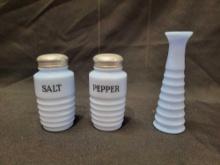 Delphite Fire King Salt & Pepper W/ Vase
