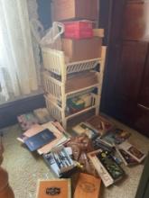 Plastic Organizer w Contents, Assorted Books, Cigar Boxes