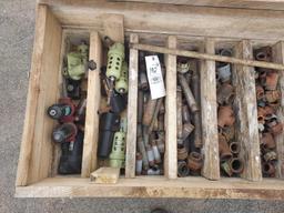 Wooden crate of assorted hardware, pipe fittings, ubricators.