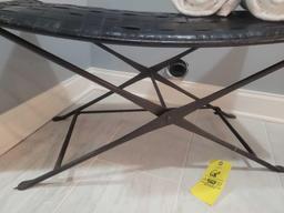 Metal frame leather seat bench with towels