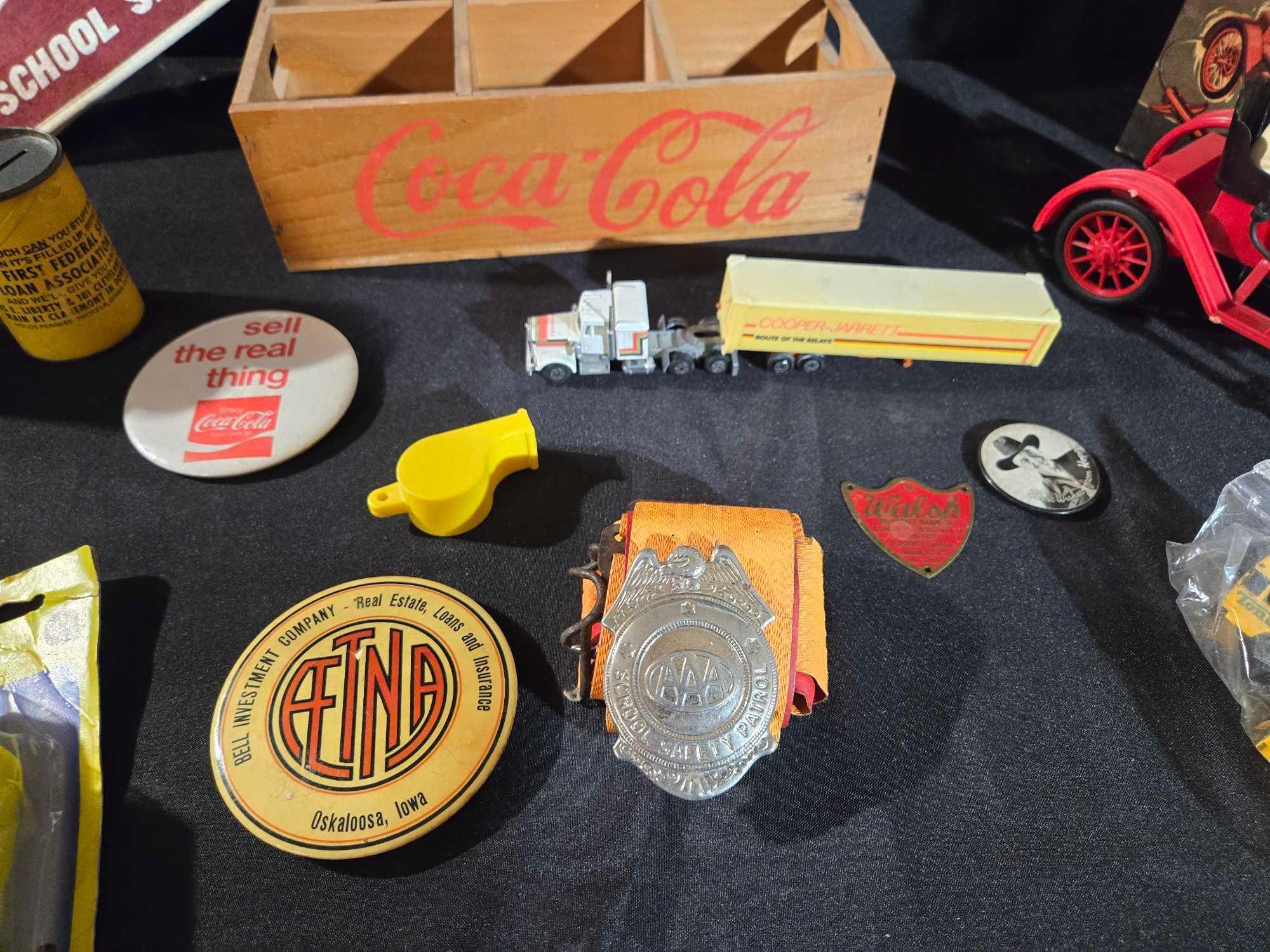 Revell Pull Toy, Coca Cola Crate, Toy Truck and Buses, Buttons