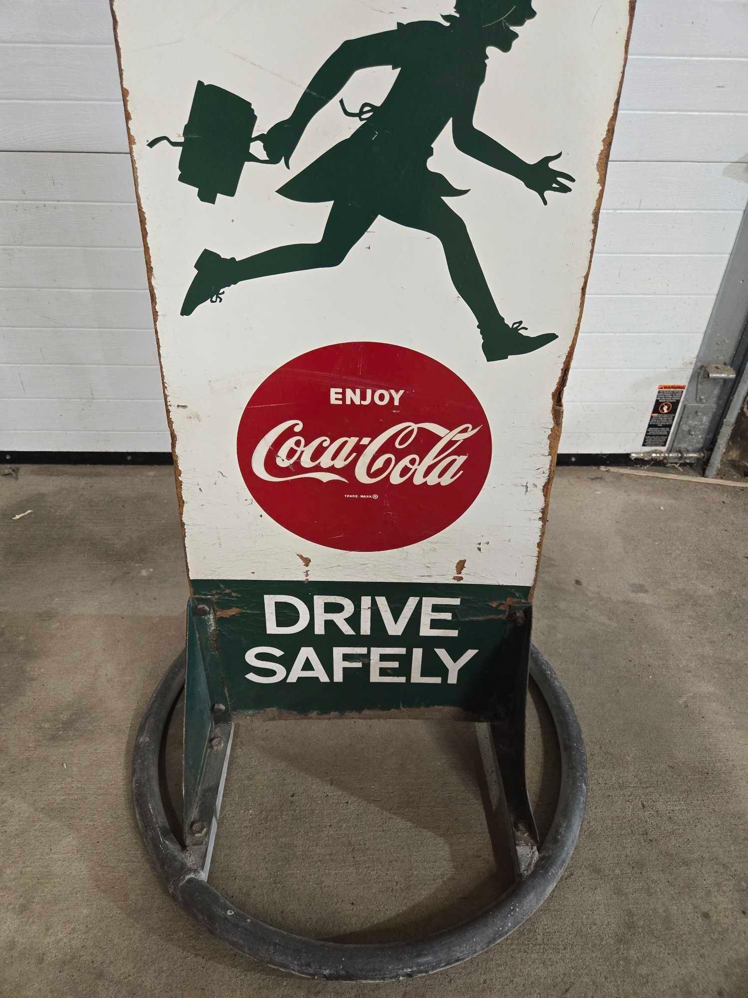 Coca Cola Double Sided Wooden Sign w/ Metal Base