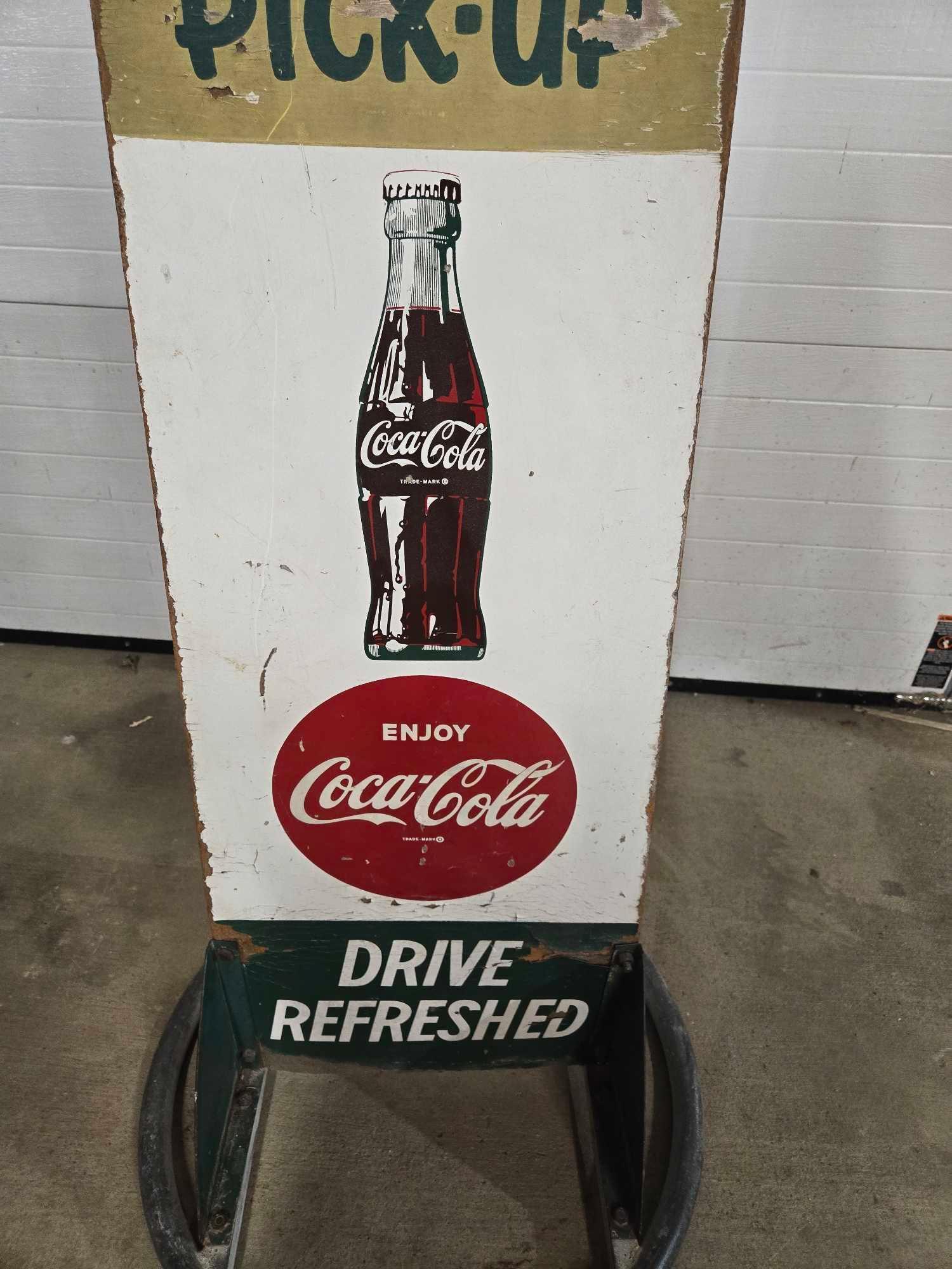 Coca Cola Double Sided Wooden Sign w/ Metal Base