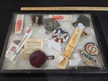 Display Case w/ License Plate Topper, Costume Jewelry, Coca Cola & Advertising Items