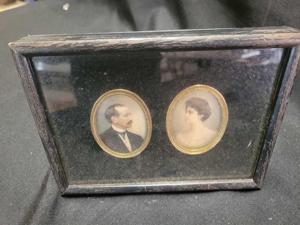 Antique possibly hand painted small framed self portraits in larger frame
