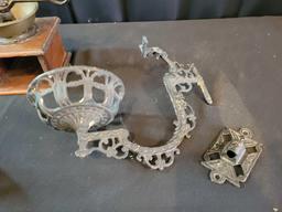 Antique Brighton coffee grinder and cast metal Victorian oil lamp wall brackets