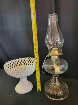 Westmoreland handpainted milk glass basket weave compote and kerosene lamp