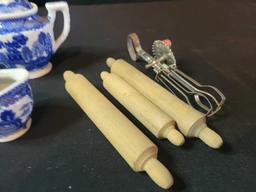 Early childs Japan Blue Willow china set and utensils