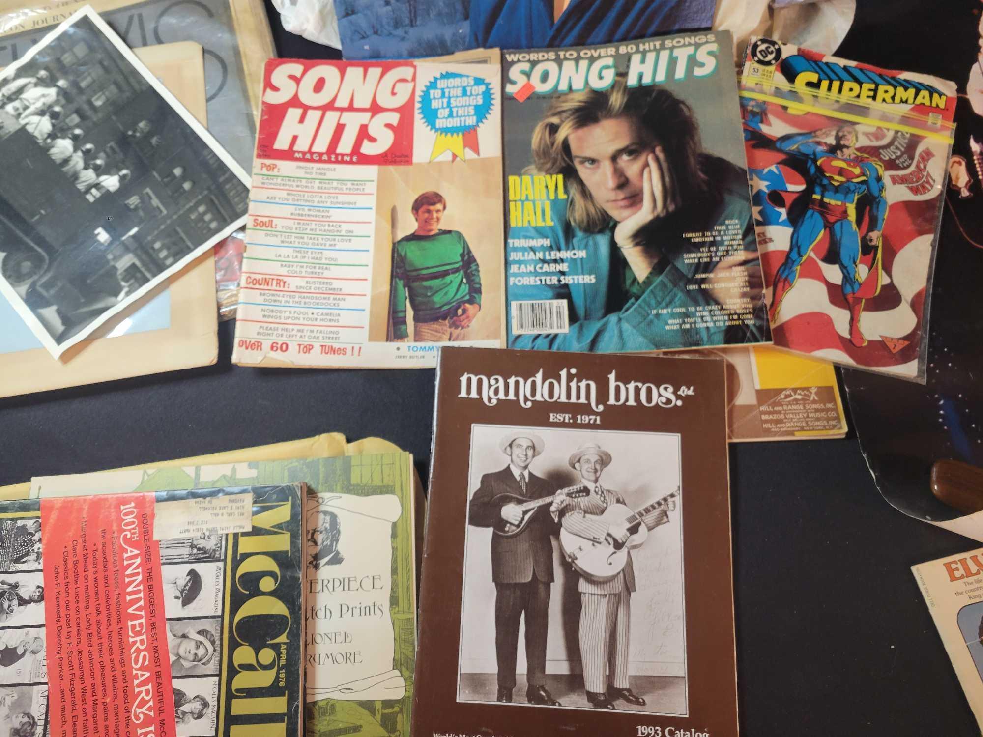 Group of early magazines, Elvis items, Lionel Barrymore, Celluoid Disney frame, Kent State