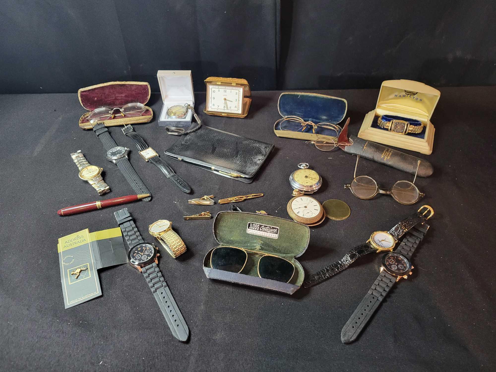 Assorted vintage and newer watches, mens jewelry, Elgin 17 jewel, Hampden w/ 20 year case